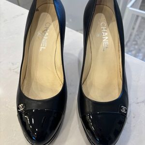 Chanel Black Leather with patent toe heels. 3.5" heel. Size 38.